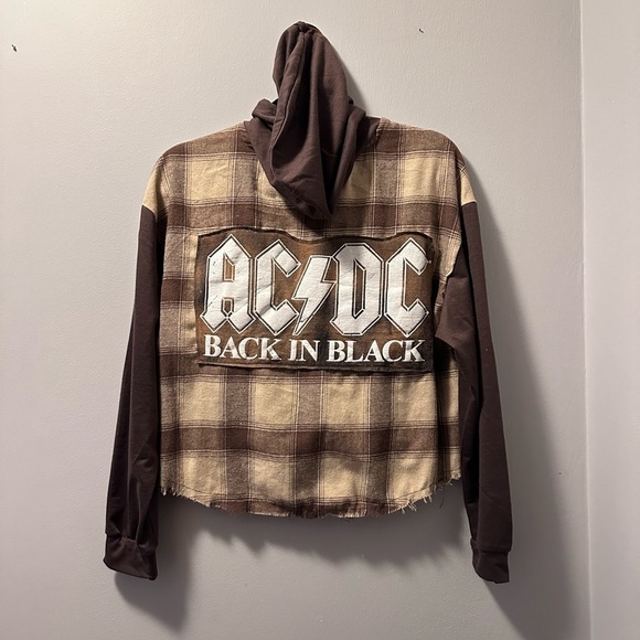 AC DC Back in Black Plaid Hoodie flannel up cycle crop pilling raw hem - Picture 1 of 5